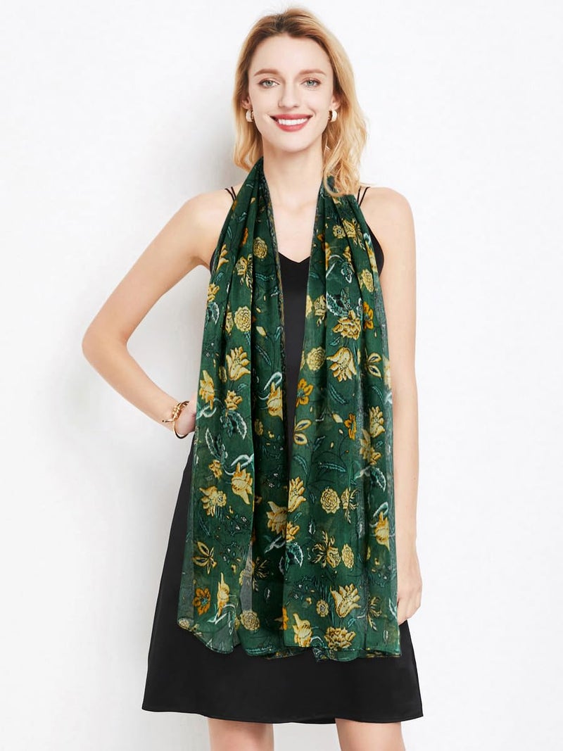 GERINLY Lightweight Scarves Fashion Flowers Print Shawl Wrap Scarf For Women Forest Green Accessory for Beach Boho Scarf (Green) - Image 3